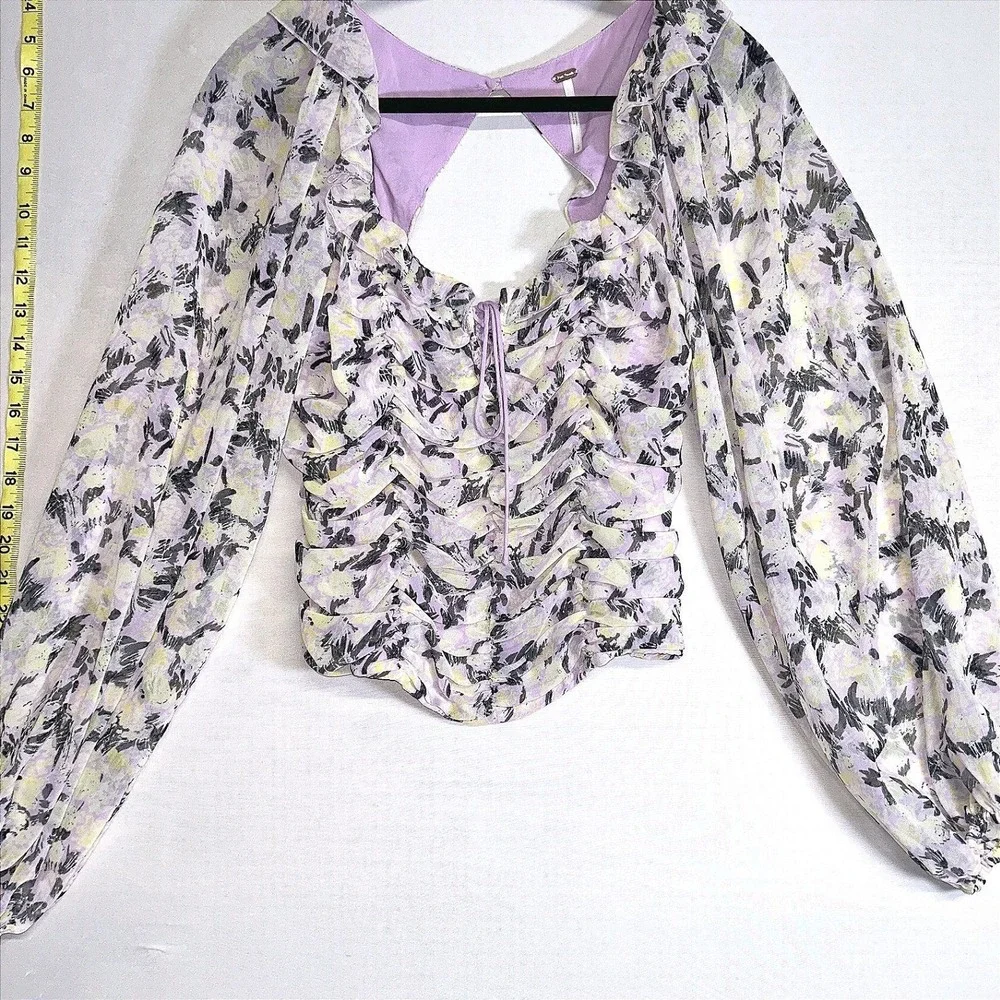 Free People Floral Ruched Puff Sleeve Crop Blouse Purple S